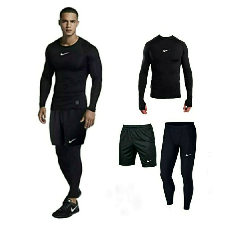 FULL SET PAKAIAN OLAHRAGA BASELAYER BAJU MANSET BASELAYER CELANA PENDEK LEGGING PANJANG PRIA SPORT
