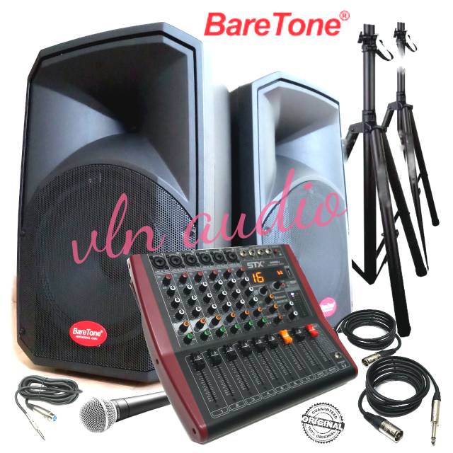 PAKET sound system Professional mixer 6 ch + Baretone 12in aktif + stand + kabel + mic