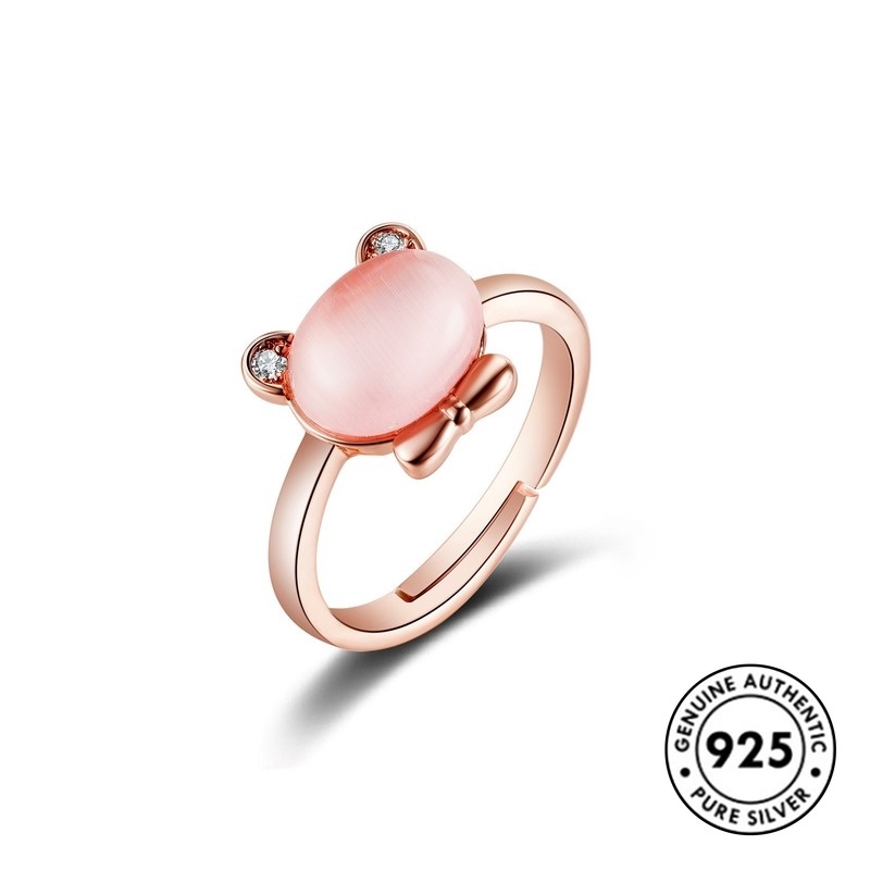 Cincin Sterling Silver 925 Model Beruang Dengan Kristal Warna Pink Untuk Wanita