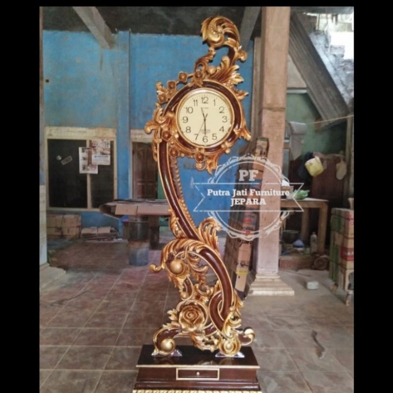 Jam hias ukir Jepara warna kombinasi - Jam berdiri bahan kayu jati