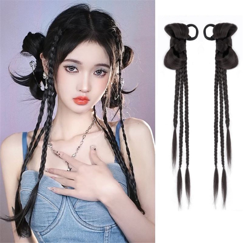 1 Pc wig Rambut Kepang Ekor Kuda Elastis Ukuran 45CM Gaya Punk Untuk Wanita