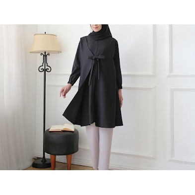 Modesee - Tunik Hitam Polos Wanita Muslim, Tunik Layer Ikat Diamond M1137, Atasan Polos, Atasan Puti