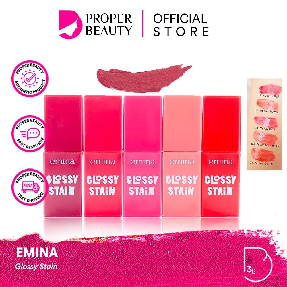 EMINA Glossy Stain Indonesia / Lipstick Facial Wash Face Scrub Essence Toner Serum Day Night Eye Cream Sunscreen Sheet Sleeping Clay Mask Masker Moisturizing Lip Tint Matte Gloss / Bright Stuff Ms Pimple Acne Solution Sun Protection Battle Spf Gel Paket