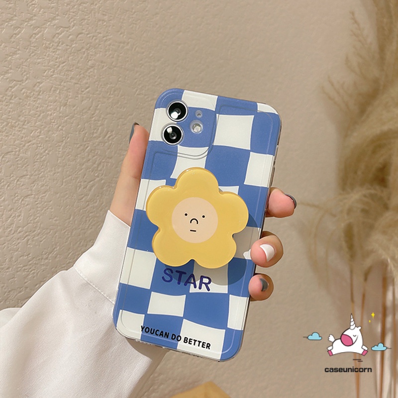 3D Flower Popsocket Soft Tpu Phone Case for iPhone 7 8 plus iPhone 11 12 13 pro max XS Max XR X 6 6s 7 8 plus SE 2020 Blue Grid Shockproof Phone Case