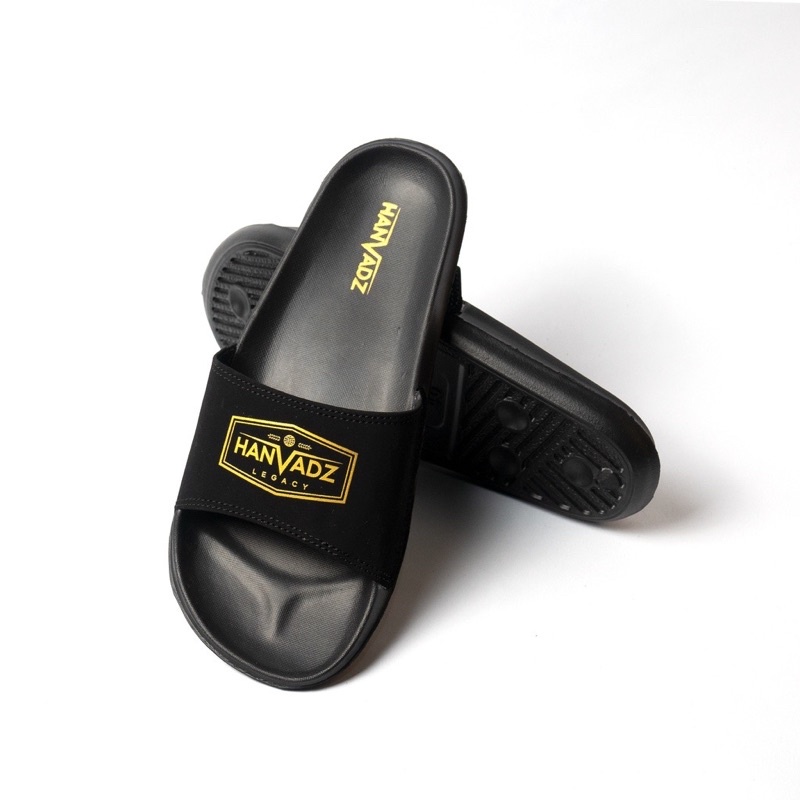 Sandal Slip On Handvadz Black Yellow Text Original