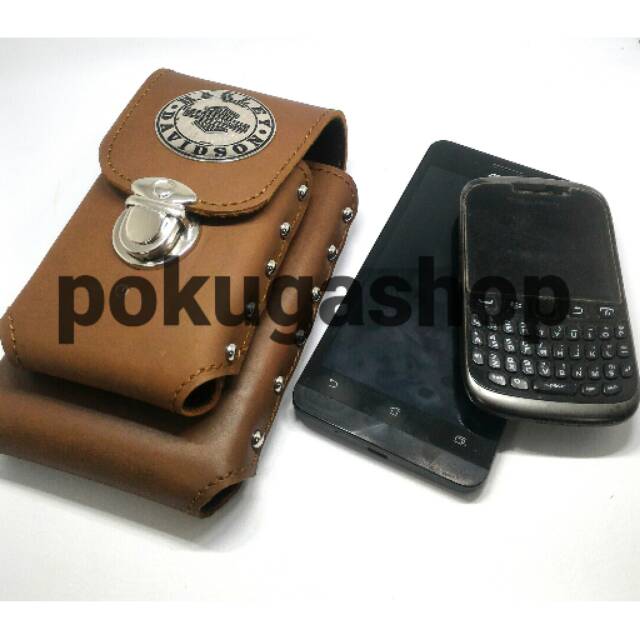 Dompet hp / sarung hp logo harley davidson coklat pull up asli kulit sapi garut