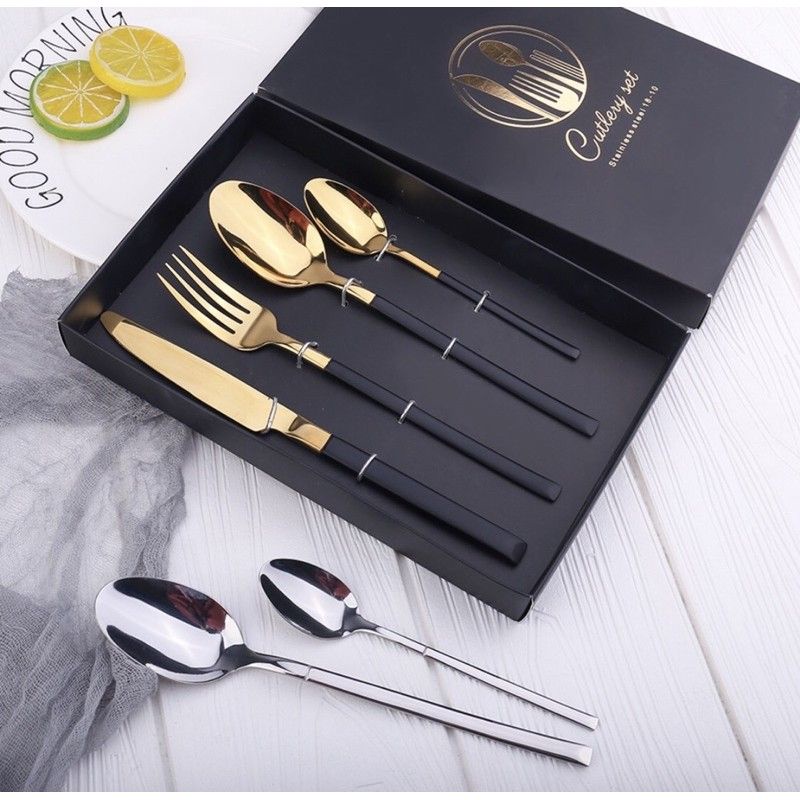 Cutlery Set Golden BNIB Alat Makan Sendok Garpu Knive Tea Spoon Fork Chopstick Gold Pink Black Malang Food Foodies Fancy Pretty Beautiful Round Platter Photograph Photography Premium Quality Stenlis Stenlish Steel Hoki