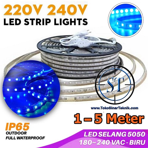 Lampu Led Strip Selang BLUE SMD 5050 Panjang 1-5 Meter In Ac 220V Warna Biru Cocok Indoor - Outdoor Lampu Hias Taman Plafon Rumah Waterproof