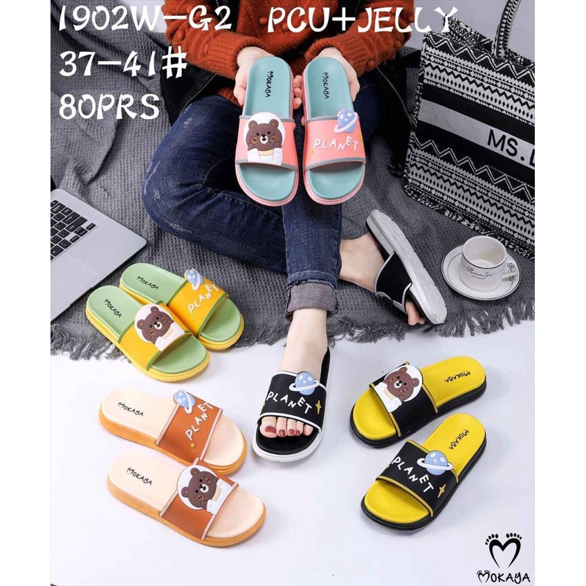 Sandal Slop Jelly Tebal Empuk Wanita Motif Pinnapple Bear Cute Cantik Import Mokaya / Size 37-41 (1902W-17/1902W-G2)