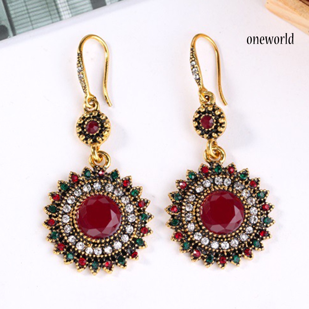 OW# Fashion Wild Personality Exaggerated Round Shape Sun Flower Faux Ruby Earrings