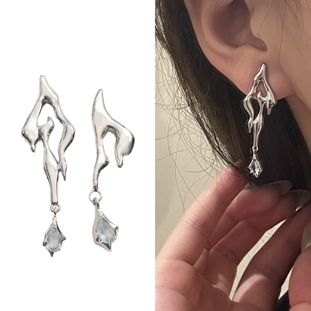 Anting Tusuk Gantung Temperament Bahan Metal Desain Geometri Asimetris Hias Zircon Untuk Wanita