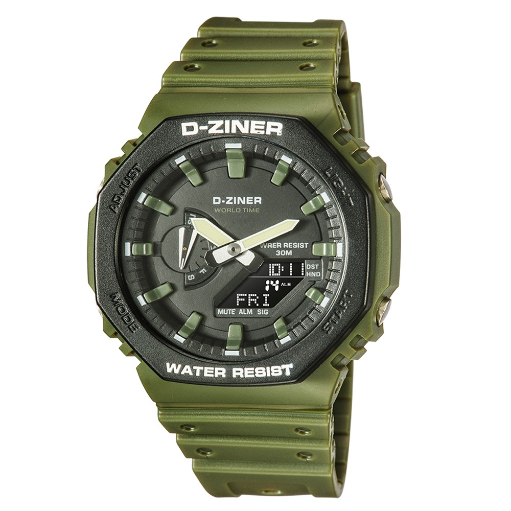 JAM TANGAN PRIA KEREN DZINER 8287 DUALTIME NEW MODEL 2021 HIJAU-HITAM-MERAH-KUNING