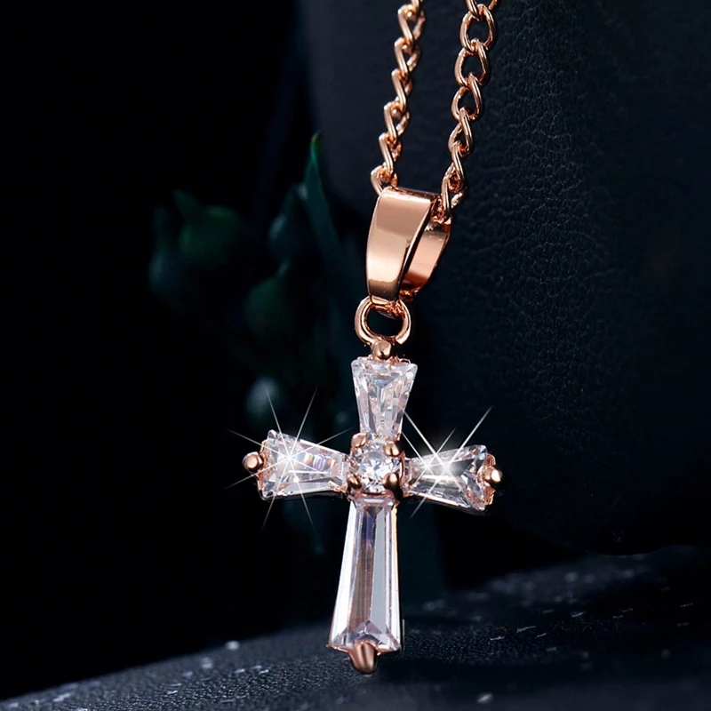 Classic Cross Crystal Pendant Necklace women Fashion Cubic Zirconia Long Necklace Jewelry Accessories Gifts Sweet Heart Jewelry