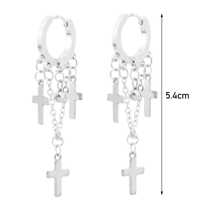 Fancyqube Anting Tindik Palsu Bahan Stainless Steel Bentuk Salib Aksen Rantai Rumbai Untuk Pria Dan Wanita