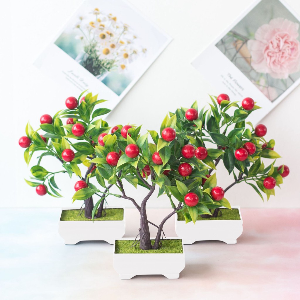Artificial Flower Pot Bunga Plastik Pot Bunga Hiasan Pohon Buatan Dekorasi Rumah Motif Red Fruit