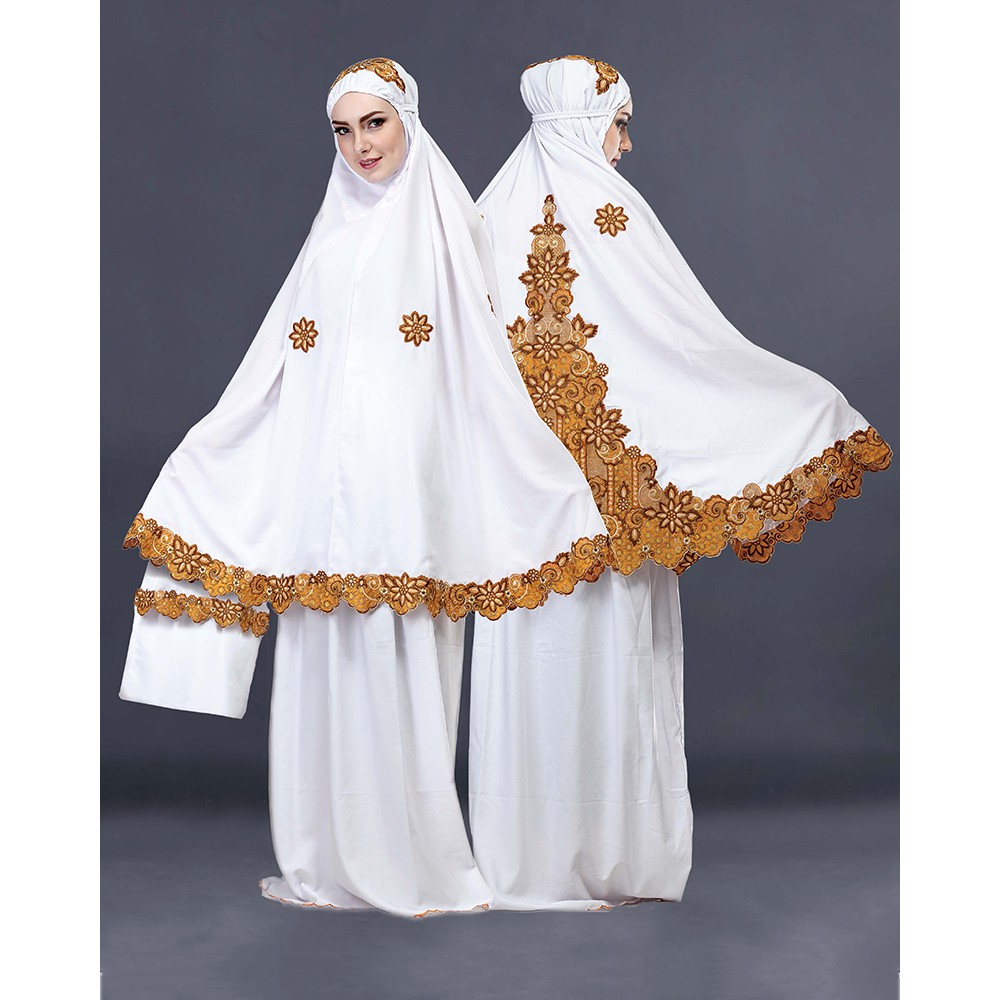 mukena wanita - mukena bordir gold emas - mukena putih - mukena terbaru - mukenah putih - telekung