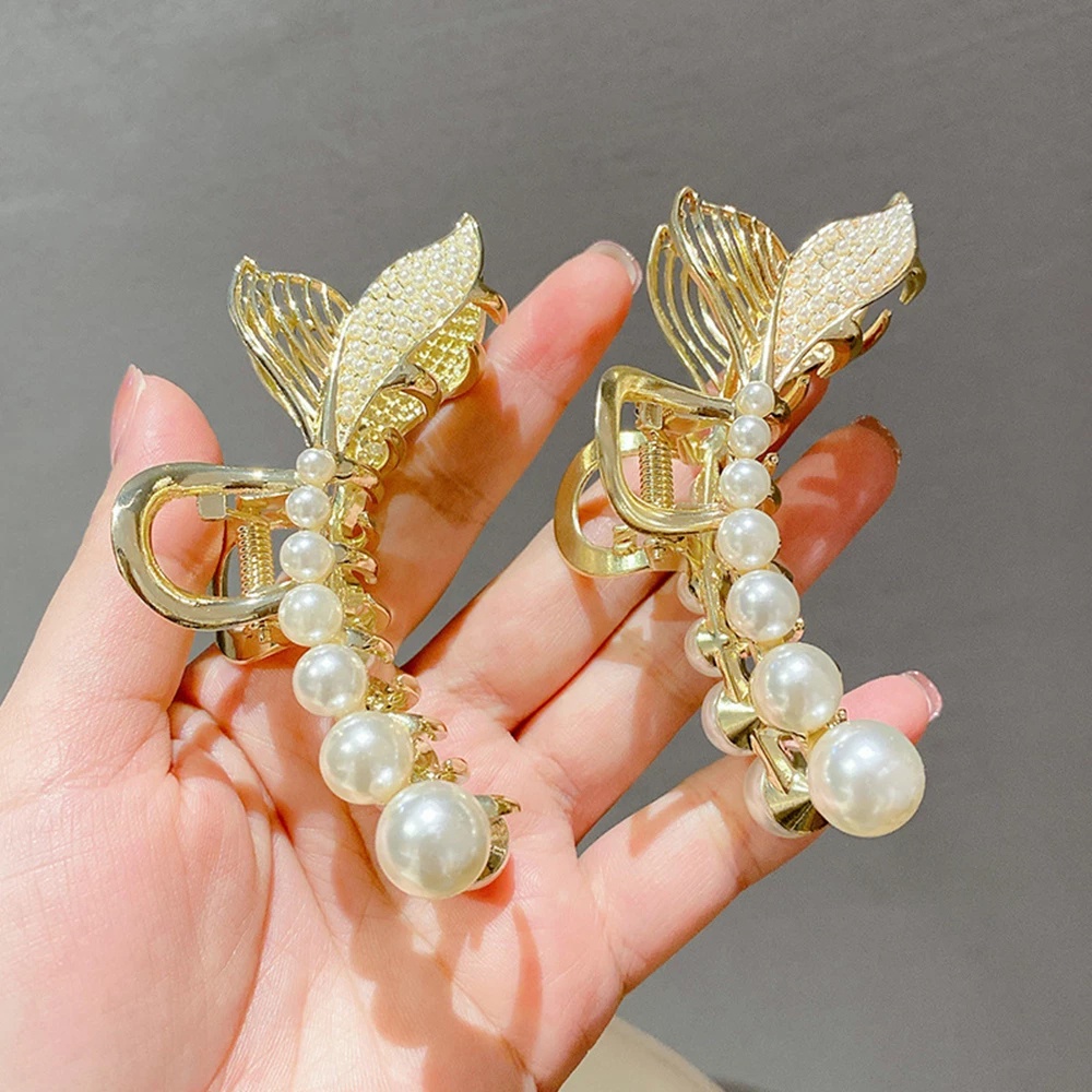 Women Korean INS Style Pearl Fish Bone Fishtail Metal Hair Clips