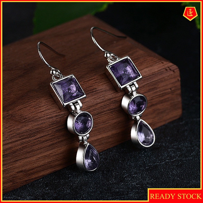 [Ready Stock]Amethyst Rhinestone Earrings Fashion Elegant Graceful