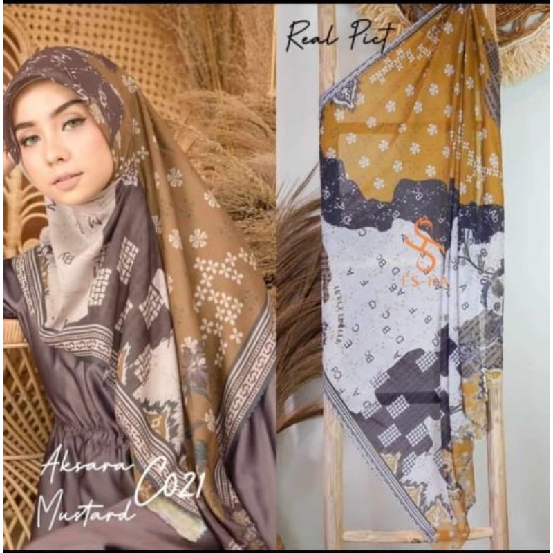 HIJAB SEGIEMPAT DENAY KW MOTIF AKSARA MUSTARD C021 BY ESHA