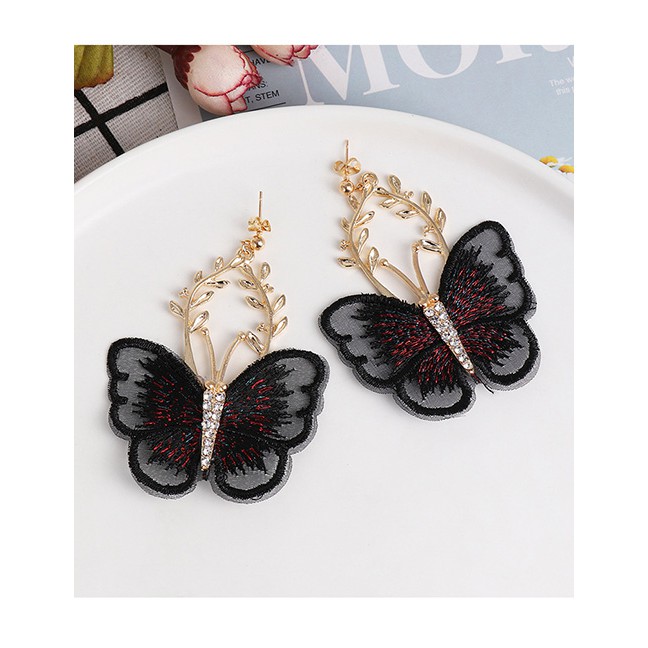 LRC Anting Tusuk Fashion Chiffon Lace Butterfly Earrings With Diamonds D80439