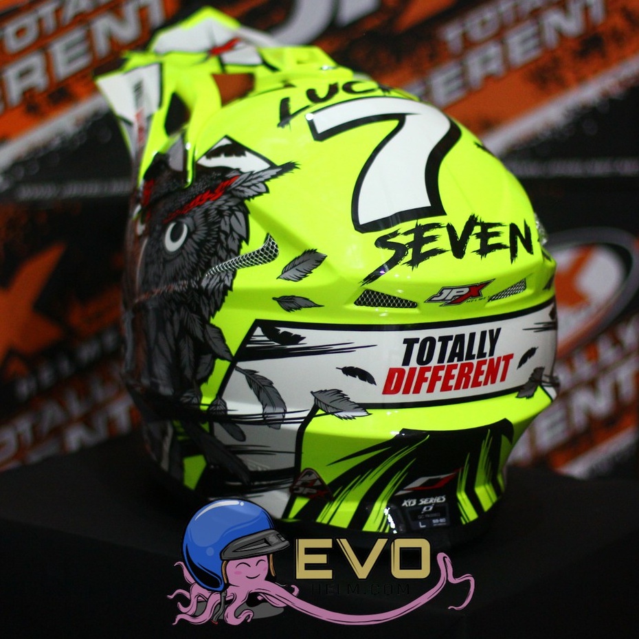 HELM JPX CROSS_FOX1 SERI X13 - FLUO YELLOW GLOSS + GOOGLE SNAIL (ONGKIR 2 KG) JPX X13 MOTIF OWL HELM JPX BURUNG HANTU HELM CROSS YELLOW JPX STABILO