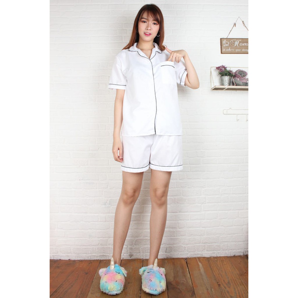 Fortglass PP Piyama Saten Sleepwear Stelan Baju Tidur Lengan Pendek Celana Pendek Satin Embos