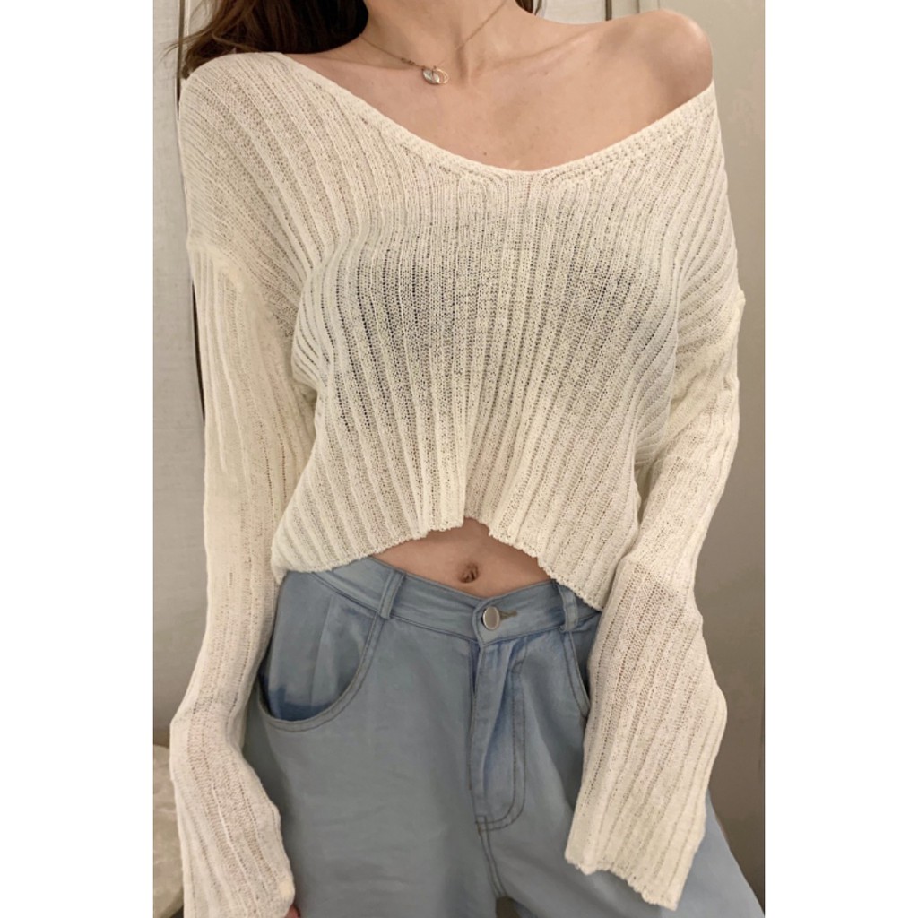 Baru Warna Solid Longgar Lengan Panjang Off-Shoulder Top Tipis Micro Transparan Sweater untuk Wanita