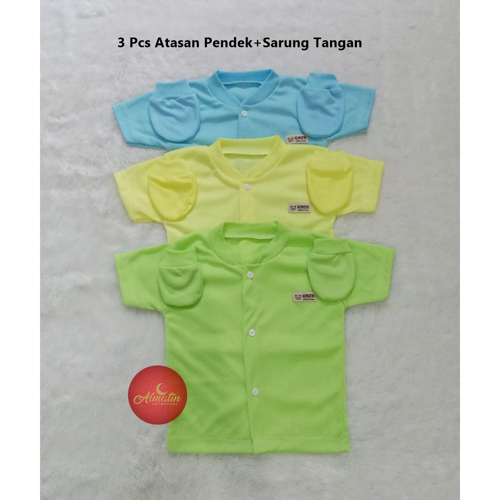 3 Pcs Atasan Pendek + Sarung Tangan / Baju Bayi Atasan Pendek / Piyama Bayi