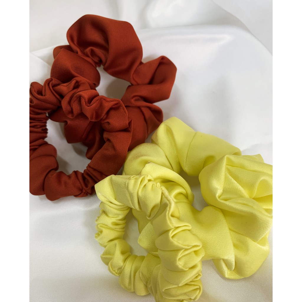 

Premium Satin Scrunchies - Yellow and Brick Colour