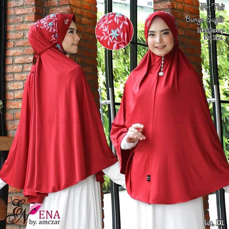 Hijab instan Jumbo Ena Pet tali bordir bunga