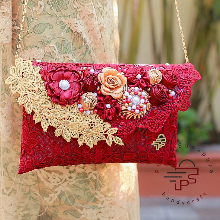 Putra Sukapura Handycraft Clutch Party Cantik Pesta Wanita Anyaman Pandan Kombinasi Brokat Premium