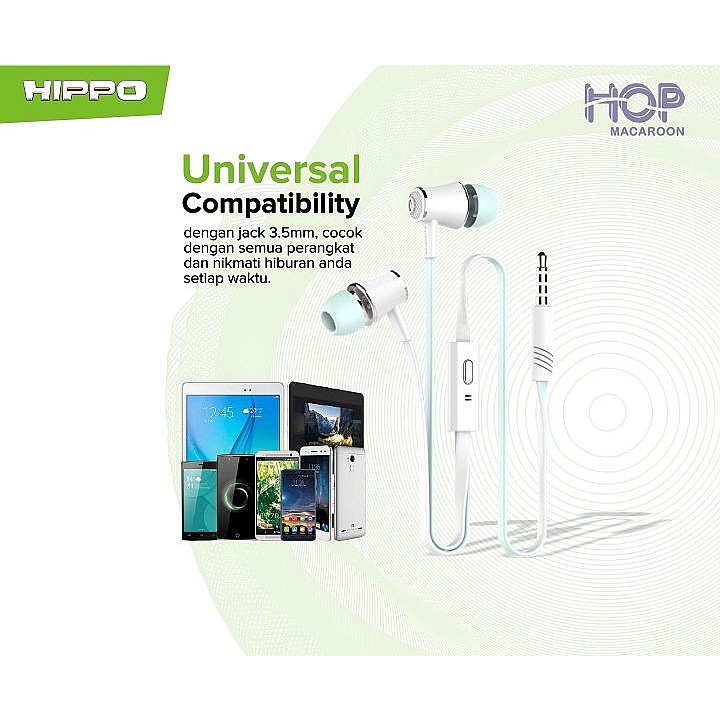 Hippo Earphone Hop Macaroon Super Bass Jack 3.5 mm Wired Handsfree Android Original Earbuds Headset