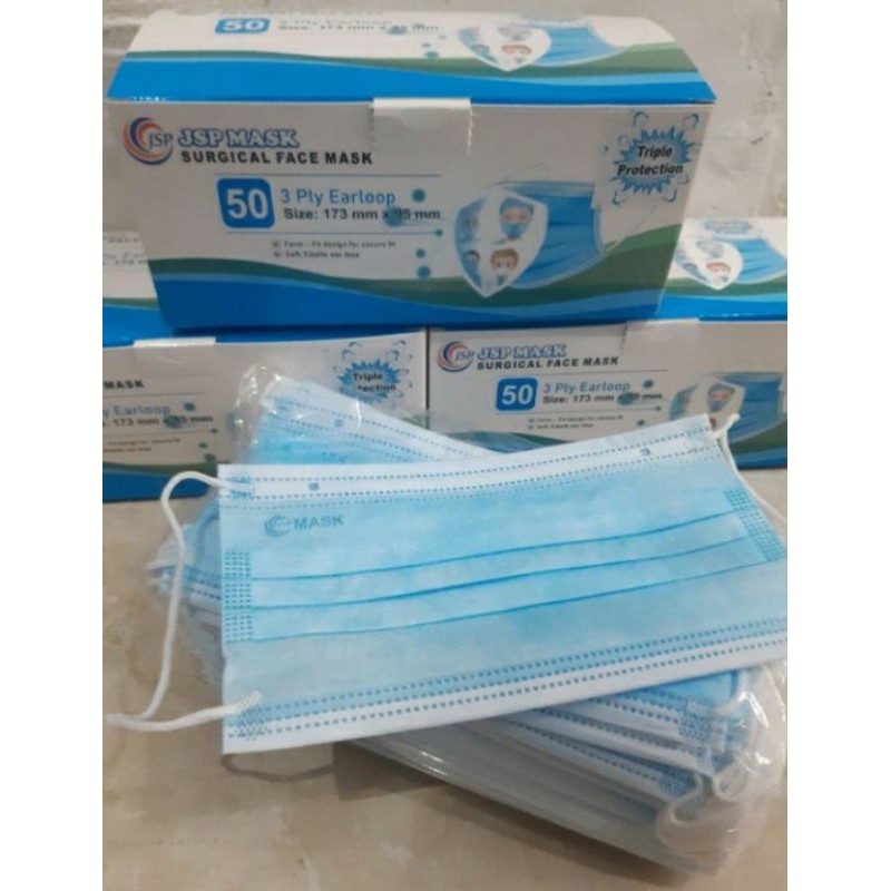 Masker JSP 3plyearloop Warna,biru,hijau,grey BONUS konektor 10pcs 1box(isi 50pcs) resmi,kemenkes