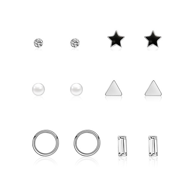 LRC Anting Set Fashion Silver Ring Star Triangle Triangle Diamond Stud Earrings 6 Pairs F29785