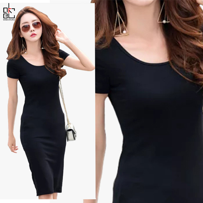 Sheshop - JOLICYA Midi Dress Pesta Lengan Pendek Mini Dress Gaya Korea - Hitam