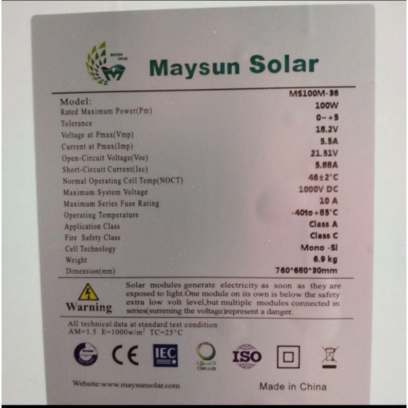 Solar Panel/ Panel Surya Maysun 100wp Mono