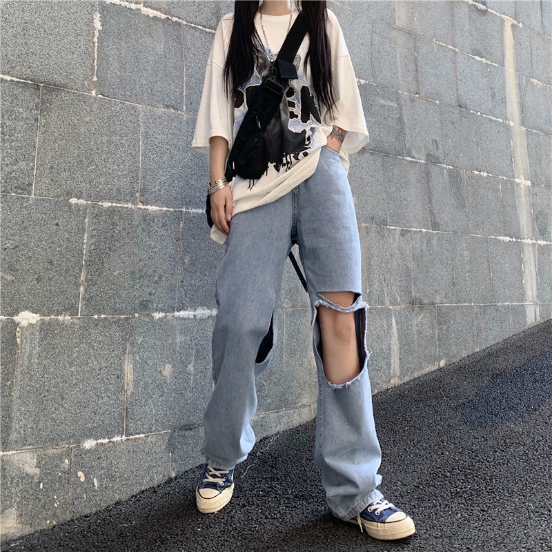 New high waist kekinian celana ripped jeans wanita
