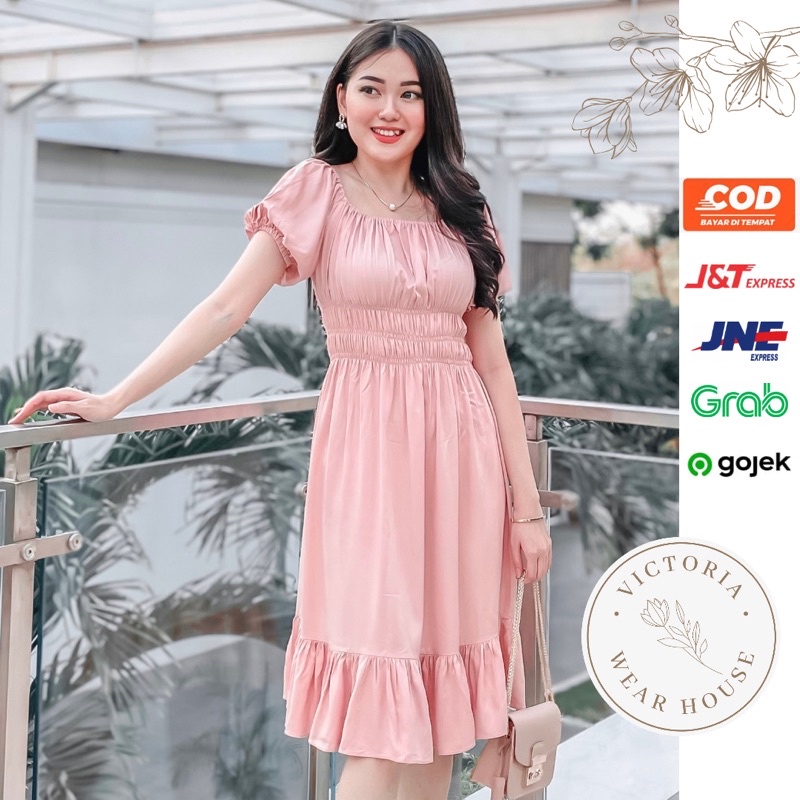 Midi Dress Wanita Korea Style Lengan Pendek Sifon Polos All Size Jumbo Choi Dress - Dress Sabrina Wa