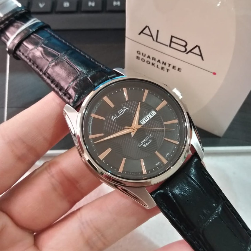 JAM TANGAN PRIA ALBA AJ6105X1 AJ6105 SILVER BLACK LEATHER BLACK