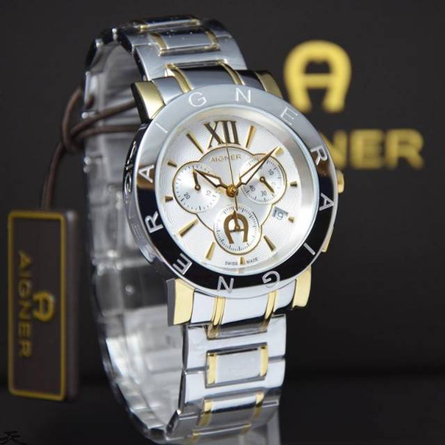 Jam Tangan Pria Aigner Cortina Chrono A26517 Rantai Silver Gold Original Swiss Made
