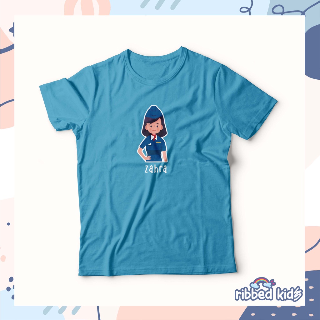 GRATIS SABLON NAMA  KAOS ANAK TEMA PRAMUGARI HADIAH ULTAH 0-12TH  ATASAN KATUN COMBED 30s By Ribbedkids