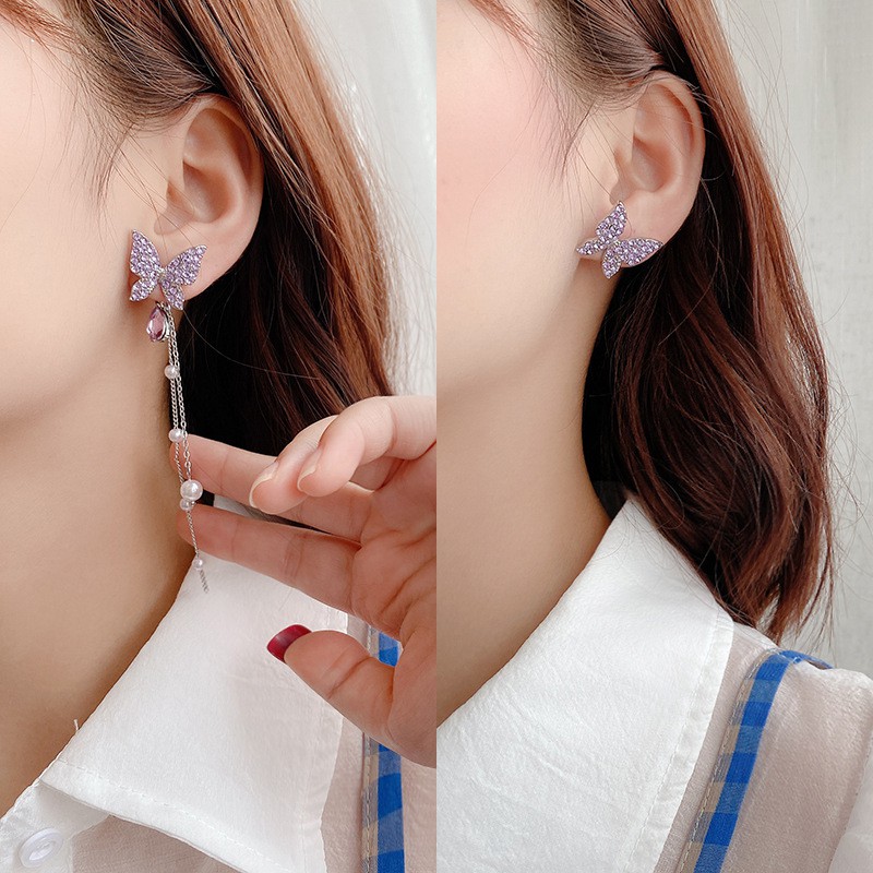 Anting Rumbai Panjang Desain Kupu-Kupu Aksen Mutiara Berlian Bahan S925 Silver Untuk Wanita