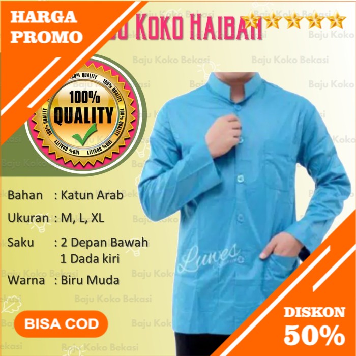 Baju Koko Pria Baju Koko Haibah Lengan Panjang dengan 3 Saku Biru Muda - Biru Muda, L