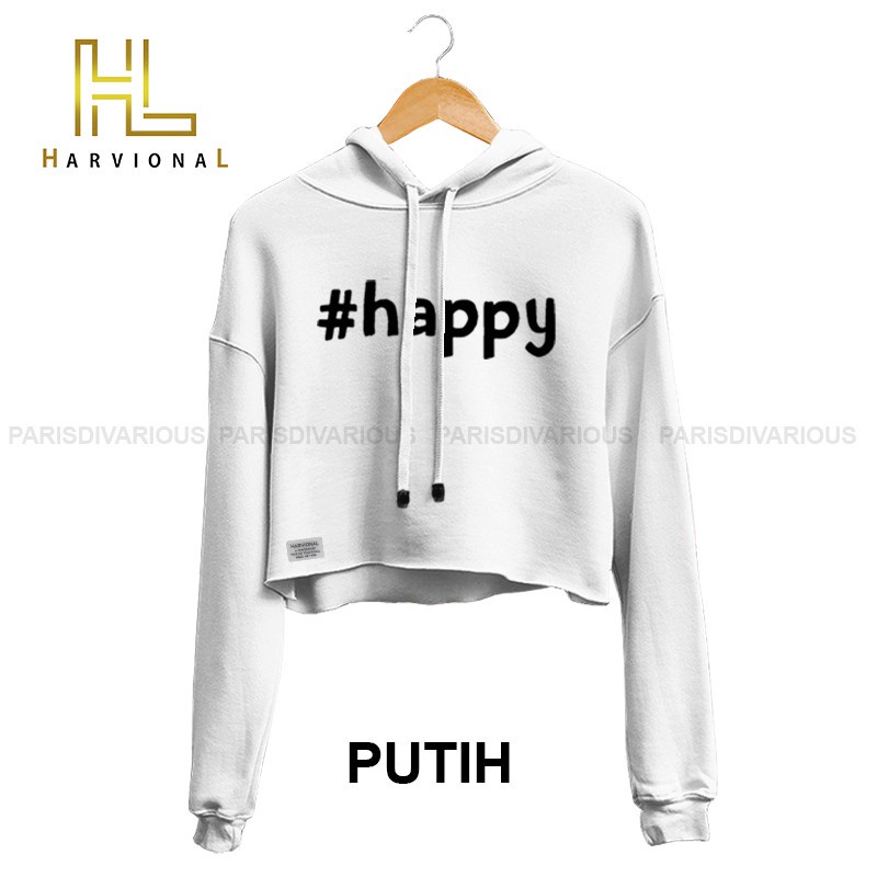 SWEATER CROP HOODIE HAPPY BAHAN FRENCHTERRY TERLARIS