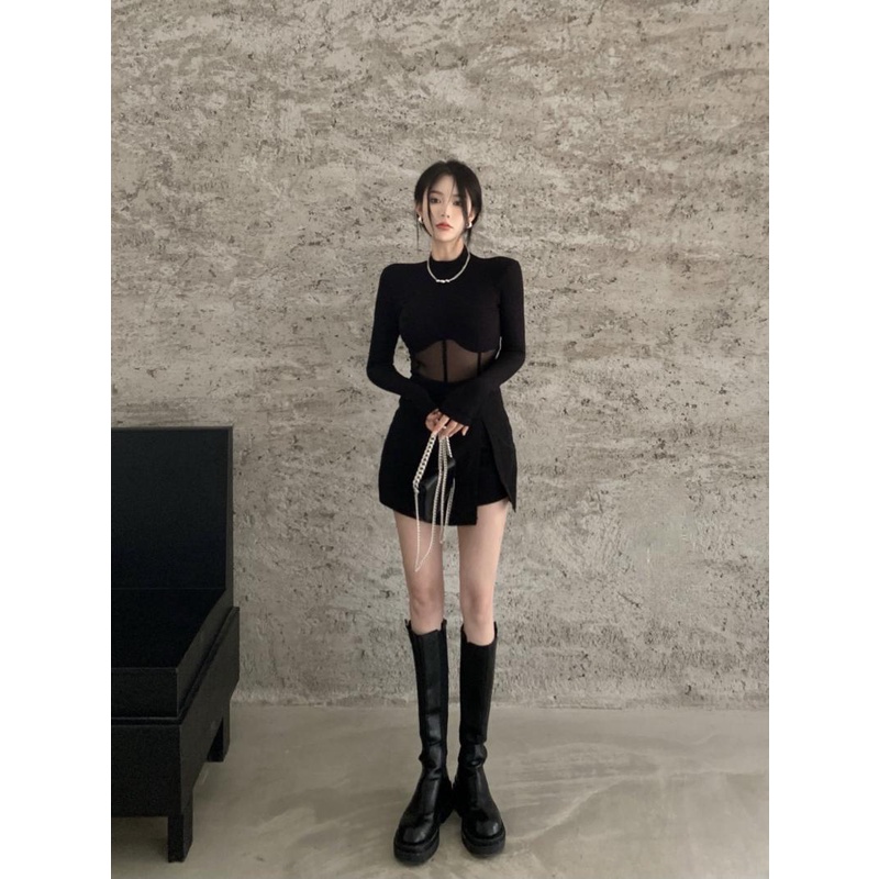 #Sisjuly# T-shirt one-piece mesh wanita tidak beraturan hitam lengan panjang setengah turtleneck kem