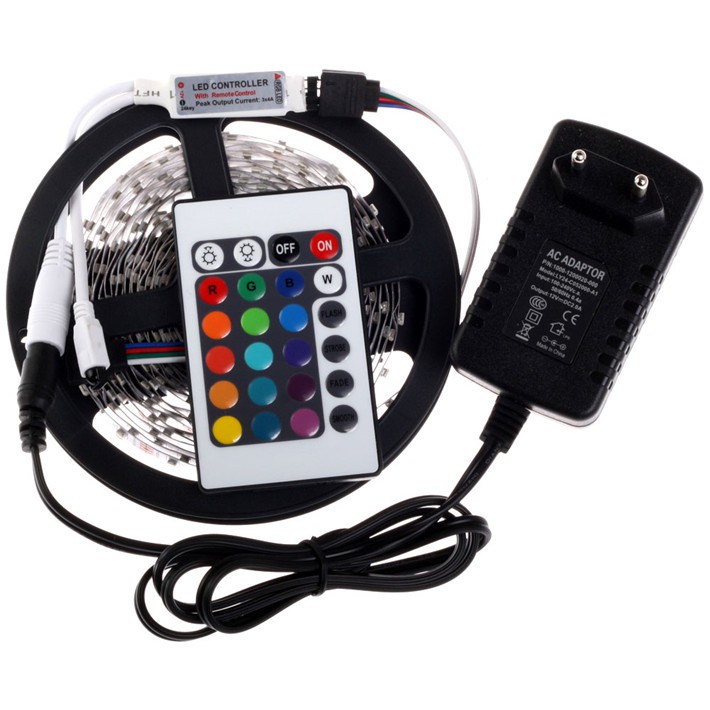 RGB LED Strip 3528 300 LED 5 Meter with 12V 2A Light Controller &amp; Remote Control - OMLL39BK Black