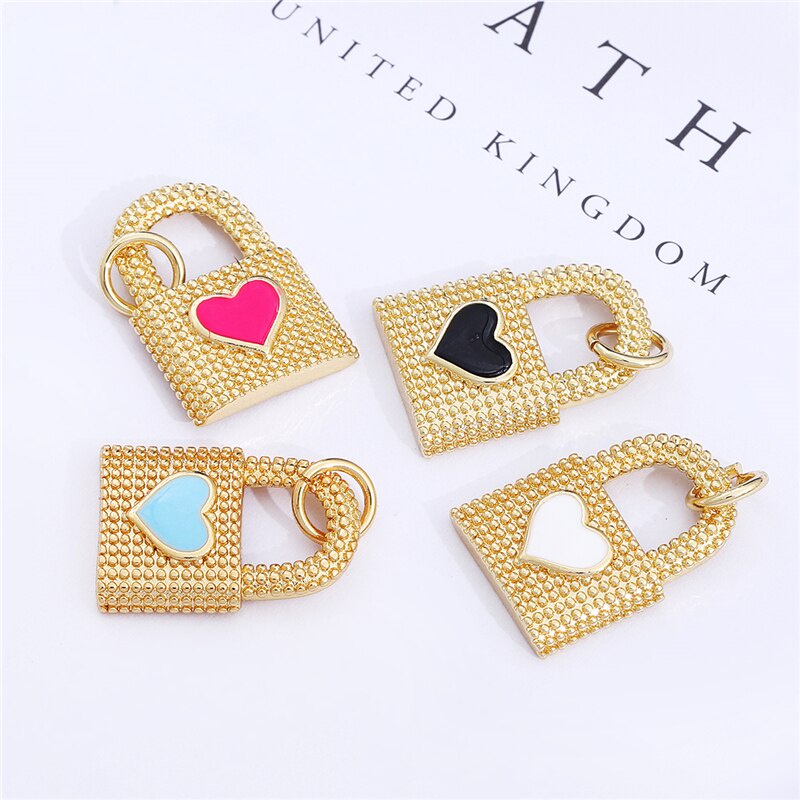 1Pc Gold Plated Enamel Lock Key Heart Charm Pendants for Bracelet Necklace Earring Making DIY Jewelry Accessories