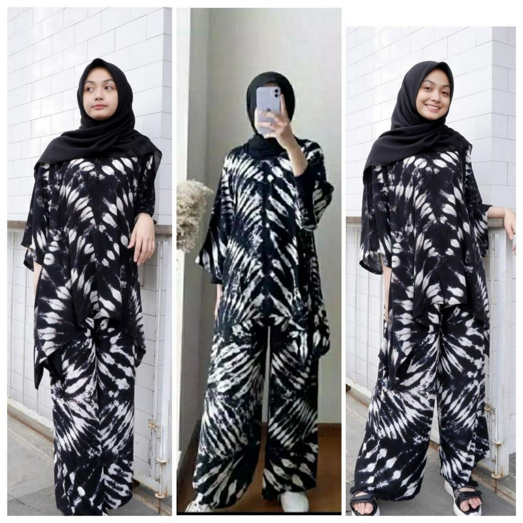 SETELAN WAKA ONE SET WAKAWAKA RAYON PREMIUN JUMBO TERBARU HITAM PUTIH SHIBORI TYE DYE