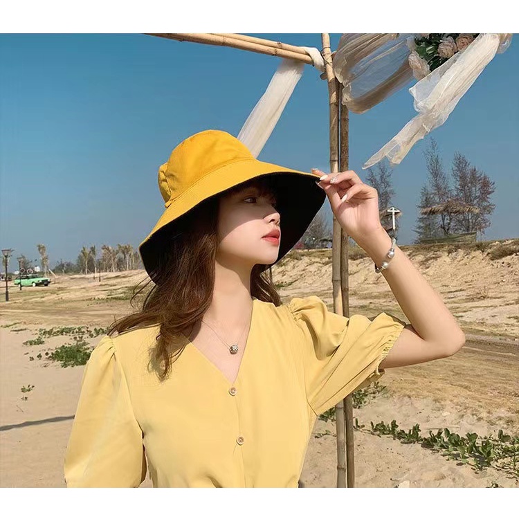 Topi Pantai Wanita Bolak Balik Topi Matahari Musim Panas Topi Ember Dilipat Anti UV