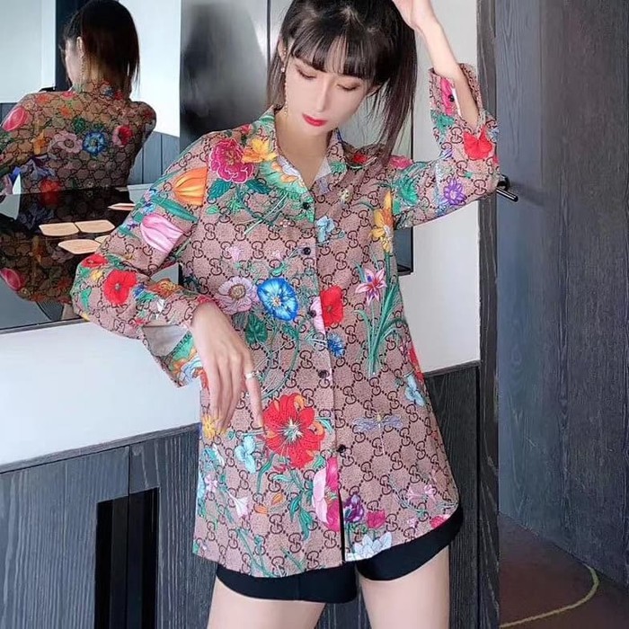 

Produk Terbaik - Baju Atasan Wanita Kemeja Import Premium Gucci Flower Coklat